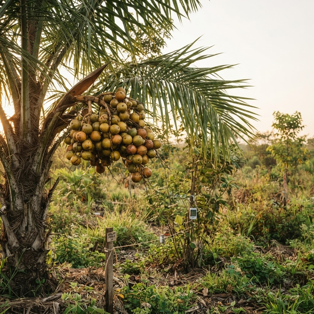Palmeiras de macaúba (Acrocomia aculeata) em sistema agroflorestal ao amanhecer